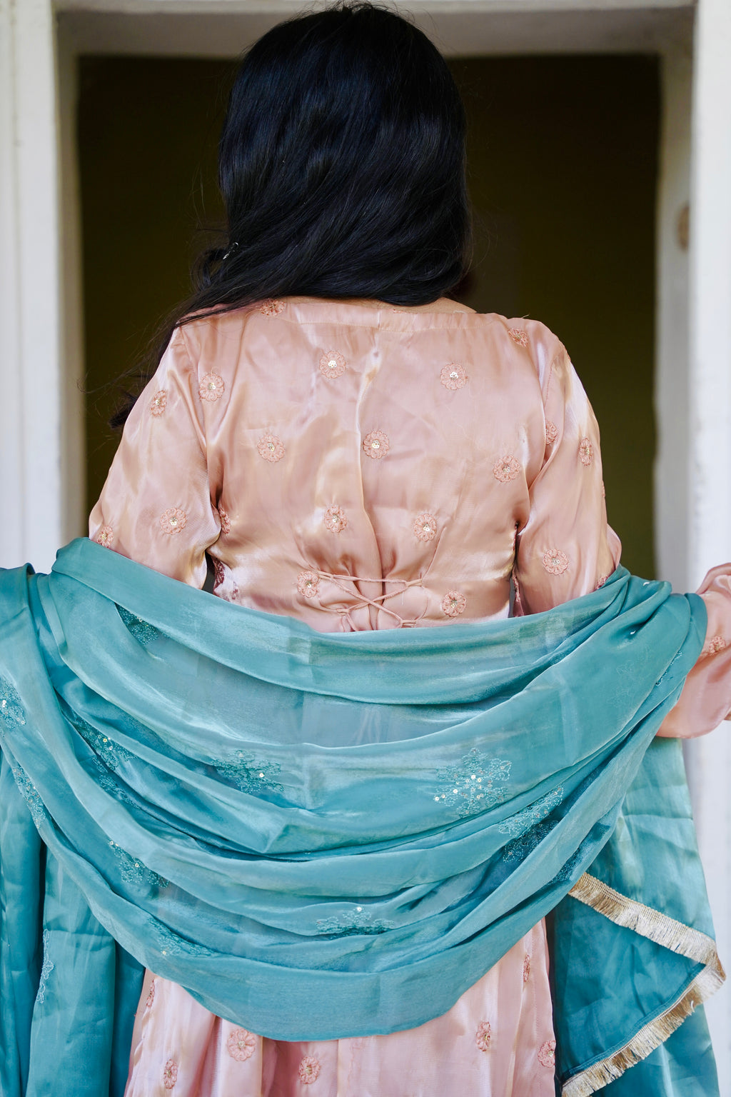 Hania Pakistani Peach Suit with Bell Sleeves