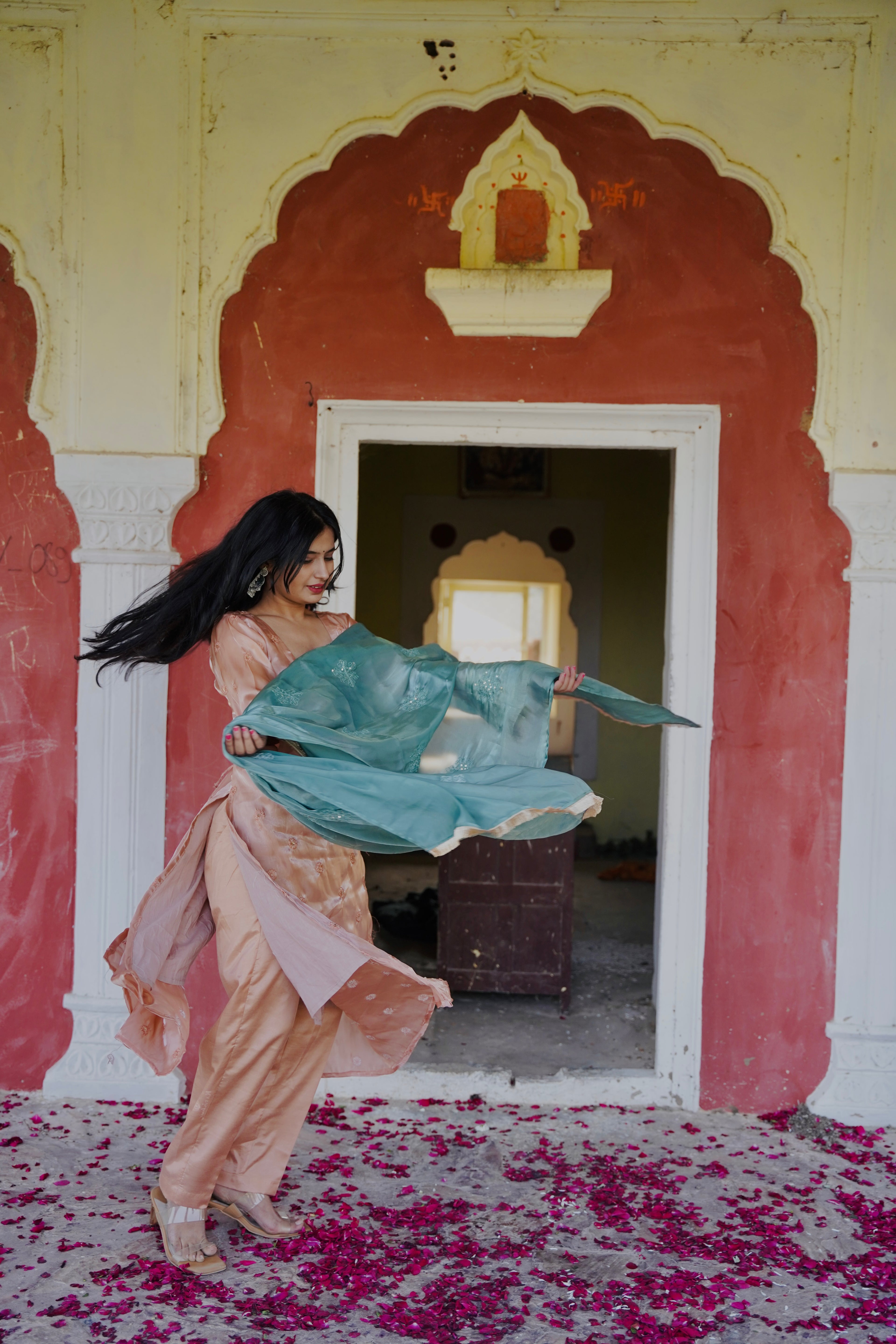 Hania Pakistani Peach Suit with Bell Sleeves