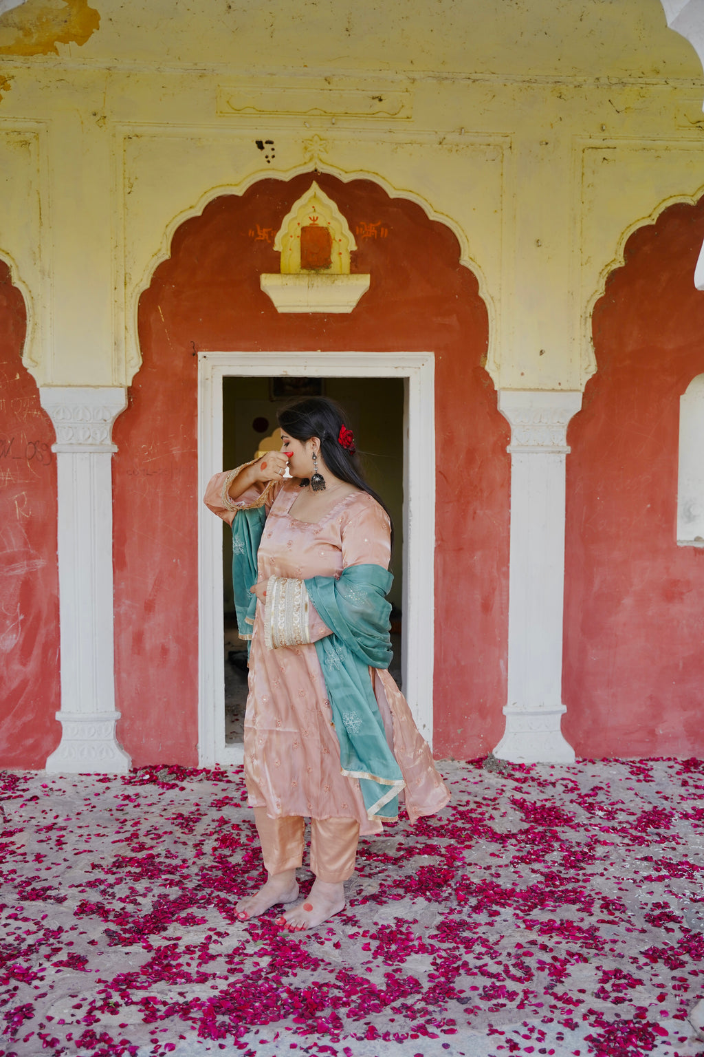 Hania Pakistani Peach Suit with Bell Sleeves