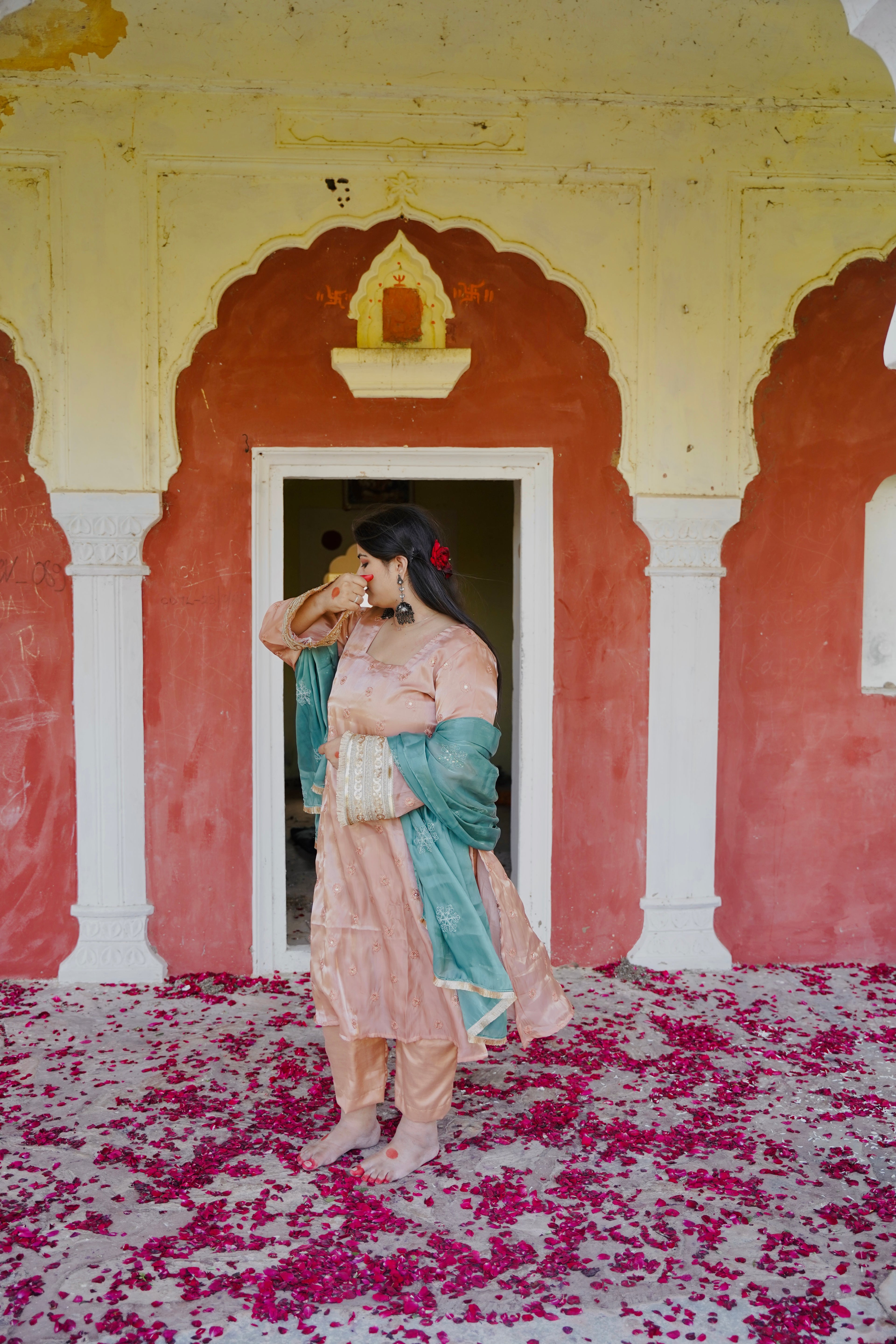 Hania Pakistani Peach Suit with Bell Sleeves