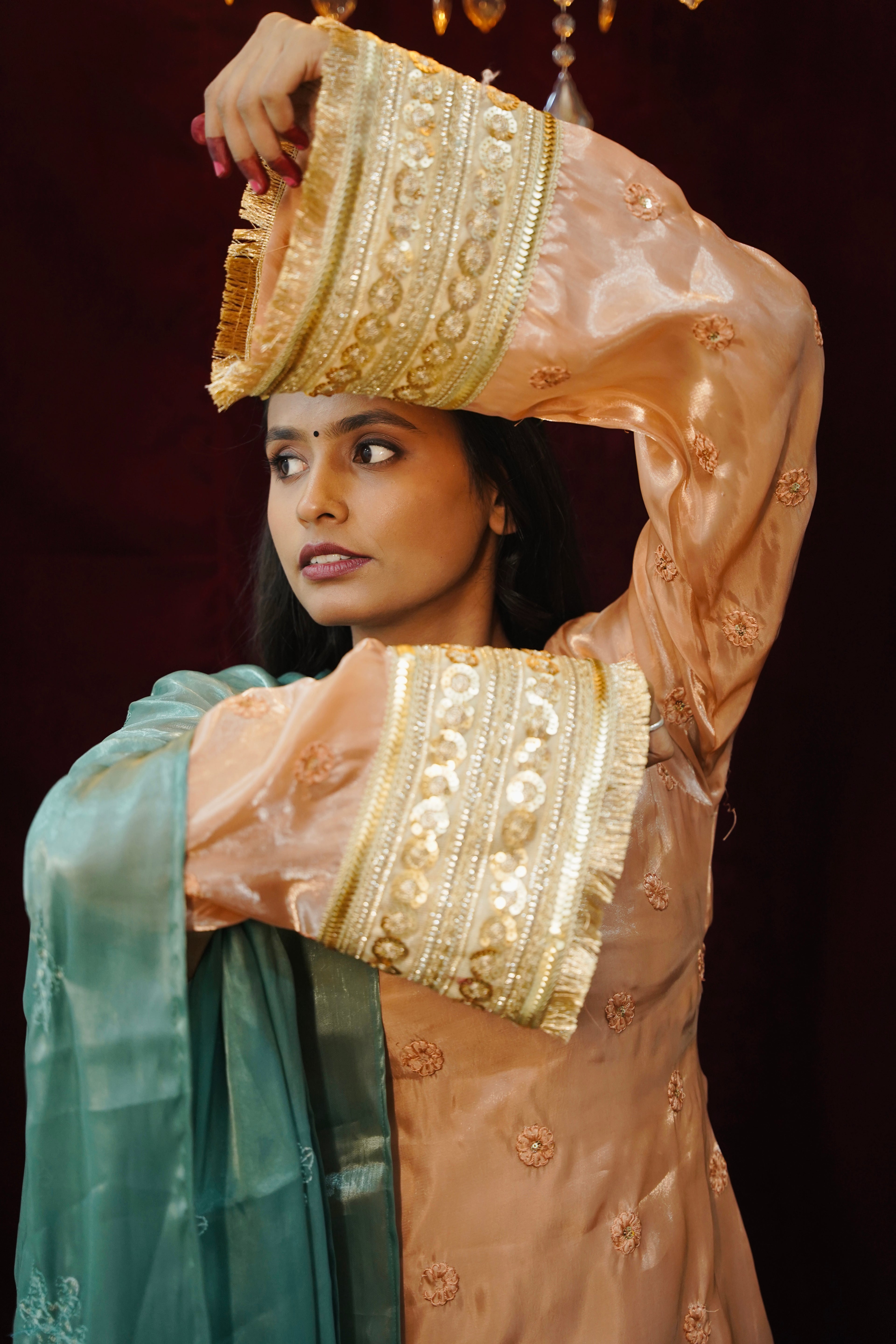 Hania Pakistani Peach Suit with Bell Sleeves