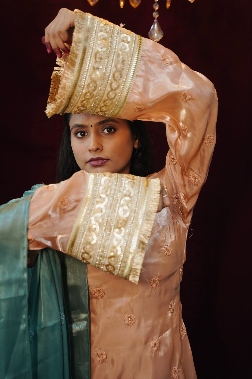 Hania Pakistani Peach Suit with Bell Sleeves