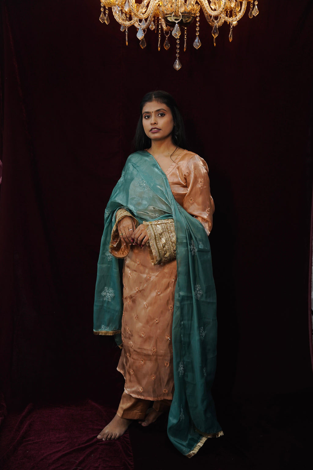 Hania Pakistani Peach Suit with Bell Sleeves